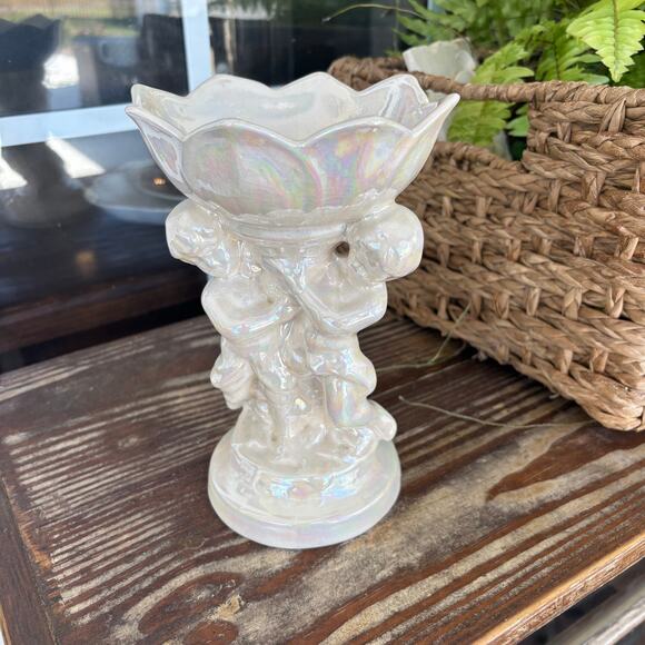 Mother of pearl figurine soap dish 2 cherubs 1970's Vtg Luster finish Tulip - Picture 2 of 10